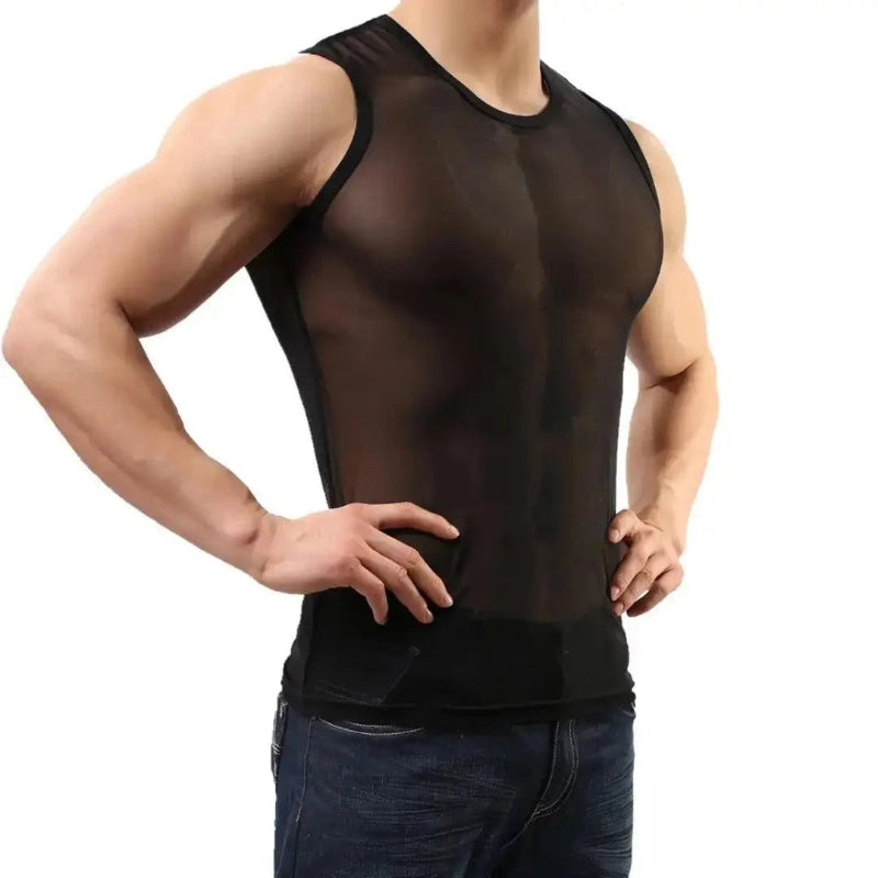 DomiGe Men's Sheer Sexy Shirt -Transparent Stretch Top Black SideView