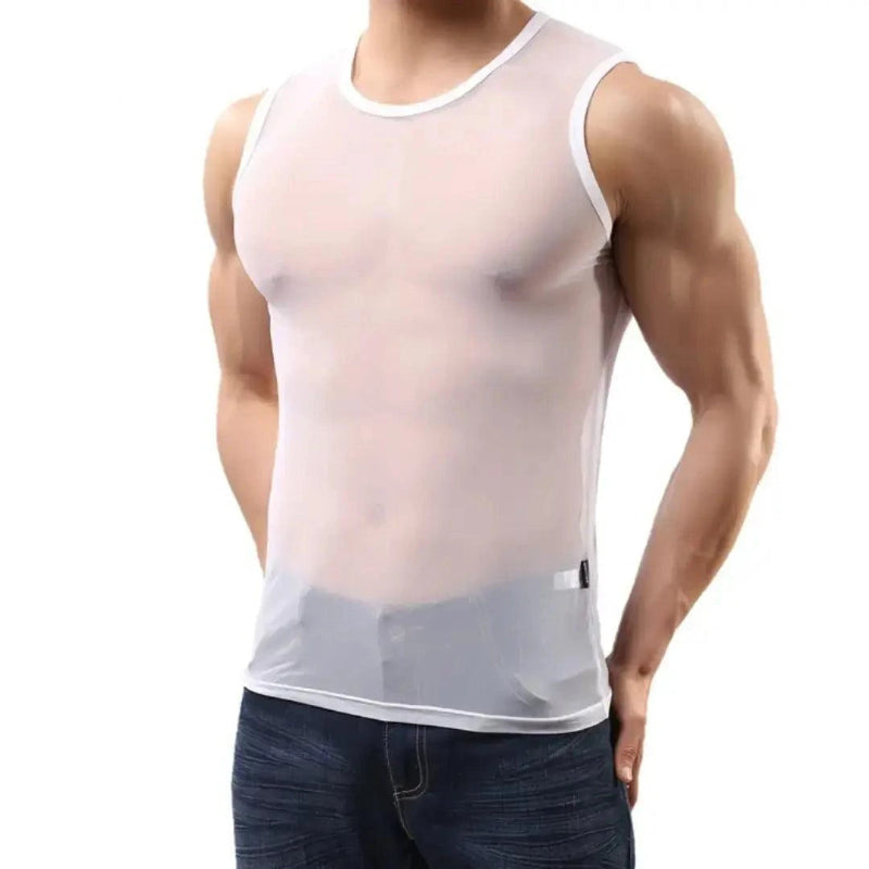 DomiGe Men's Sheer Sexy Shirt -Transparent Stretch Top White Front