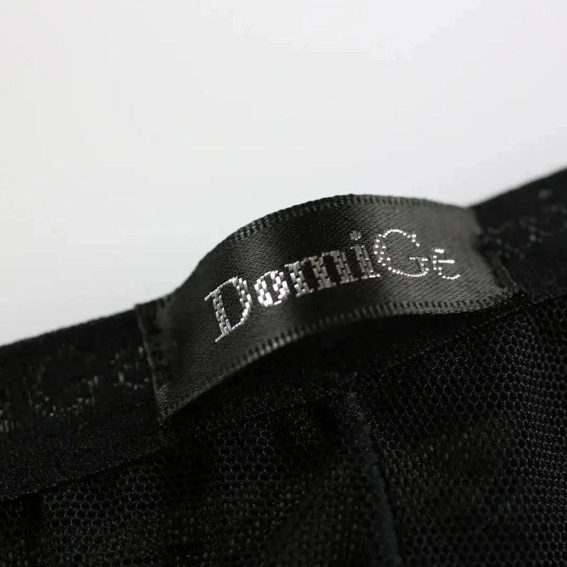 DomiGe logo elastic waistband close-up — low-rise mesh jockstrap
