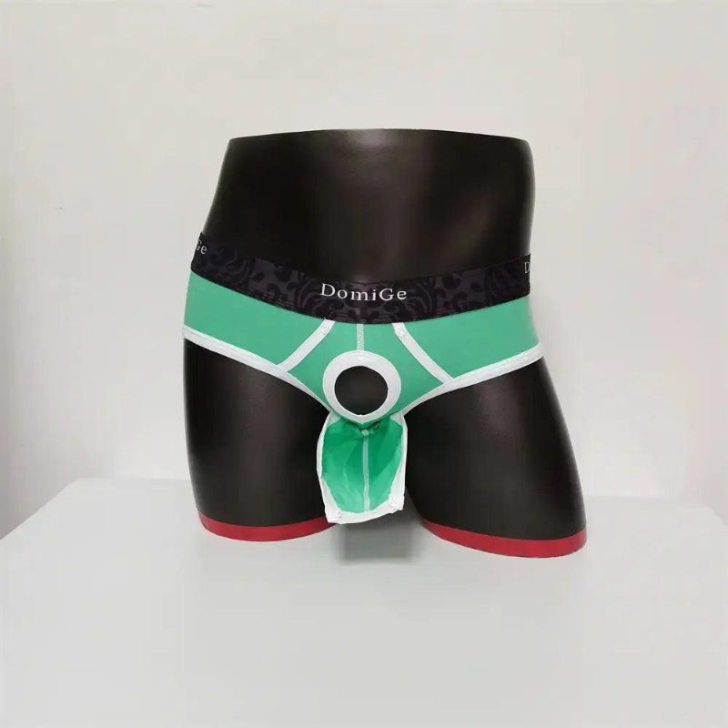 DomiGe men's Green cotton stretch briefs with dual pouch underwear Front Model Open