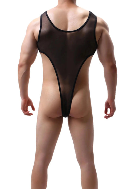 DomiGe men's transparent black mesh bodysuit thong erotic underwear Back Front