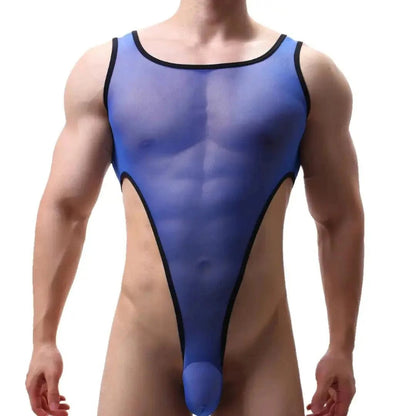 DomiGe men's transparent black mesh bodysuit thong erotic underwear Blue Front