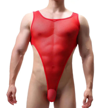 DomiGe men's transparent black mesh bodysuit thong erotic underwear Red Front