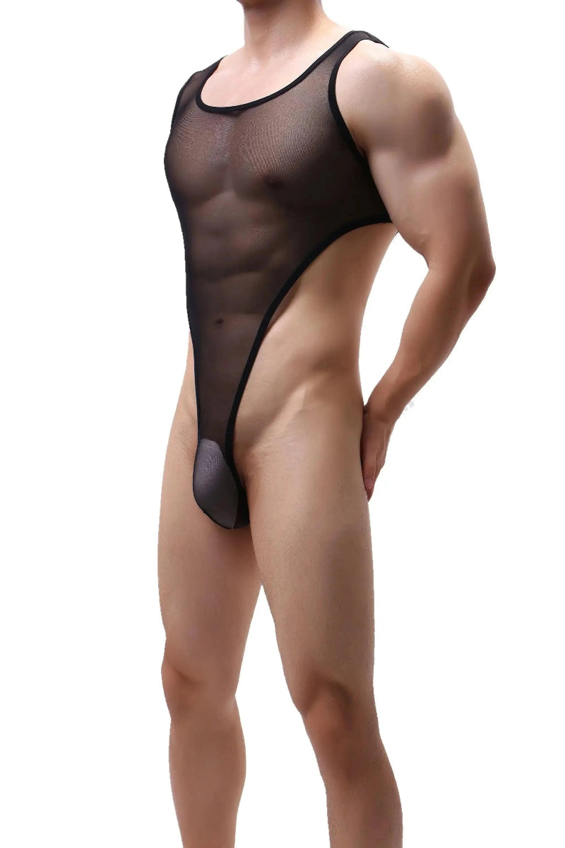 DomiGe men's transparent black mesh bodysuit thong erotic underwear Side Front