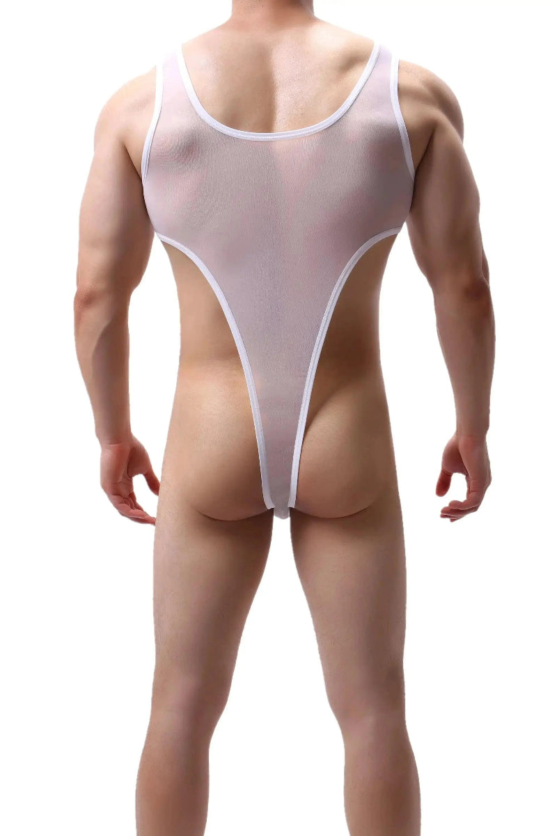 DomiGe men's transparent black mesh bodysuit thong erotic underwear White  Back