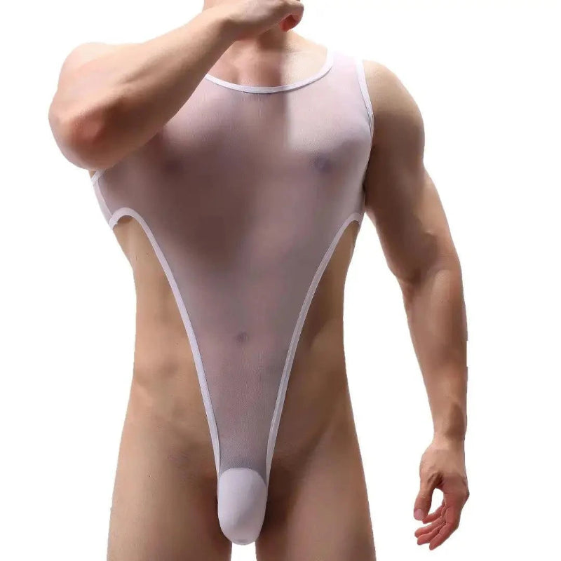 DomiGe men's transparent black mesh bodysuit thong erotic underwear White  Front
