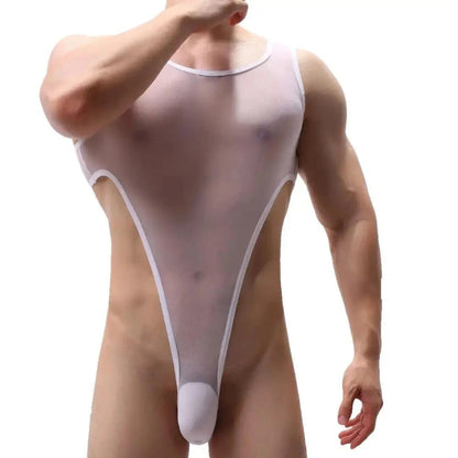 DomiGe men's transparent black mesh bodysuit thong erotic underwear White  Front