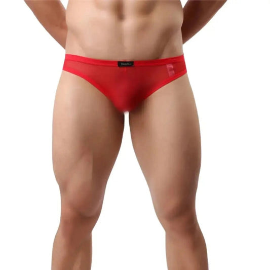 DomiGe mesh jockstrap front view — low-rise logo waistband enhancing contour pouch Red