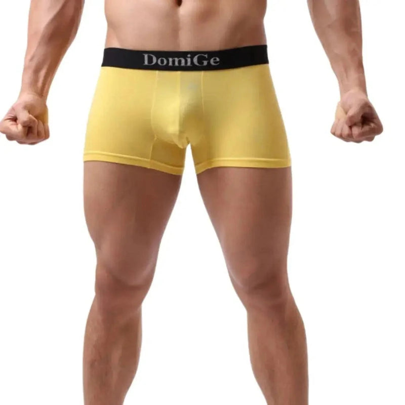 DomiGe modal boxer briefs front view — silver logo elastic waistband mid-waist Yellow Front