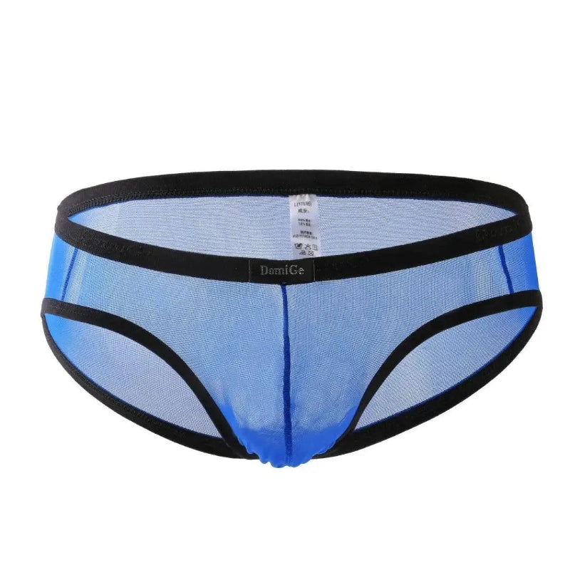 DomiGe sheer briefs front view — semitransparent fabric logo elastic waistband contoured pouch Blue 3D