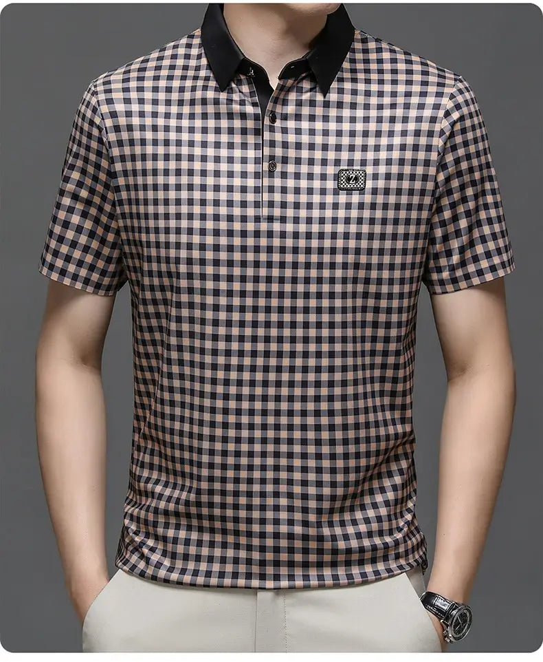 Polo de Seda para Hombre Camisa de Manga Corta Informal de Negocios de Verano