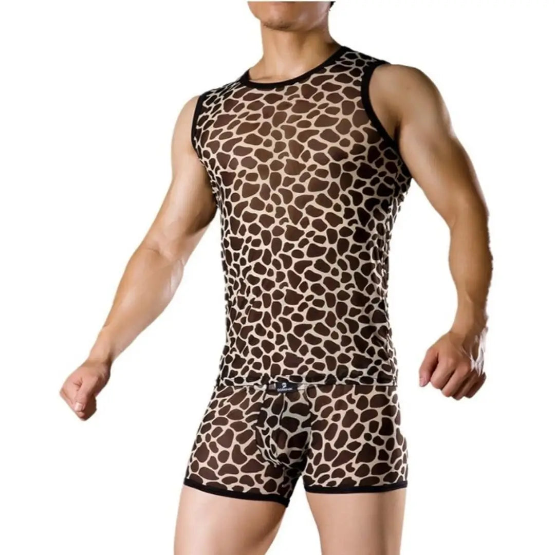 Dominik Camiseta sin mangas de malla con estampado de leopardo para hombre - Camiseta interior transpirable