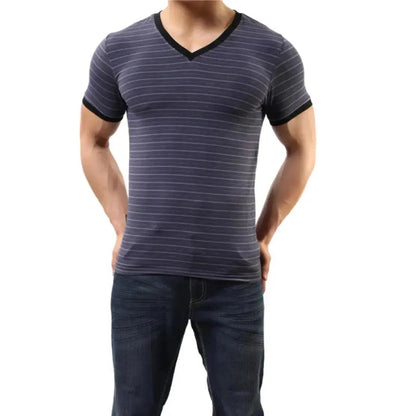 Men's Bamboo Fiber V-Neck UnderShirt – Blue-Gray Stripe Front view