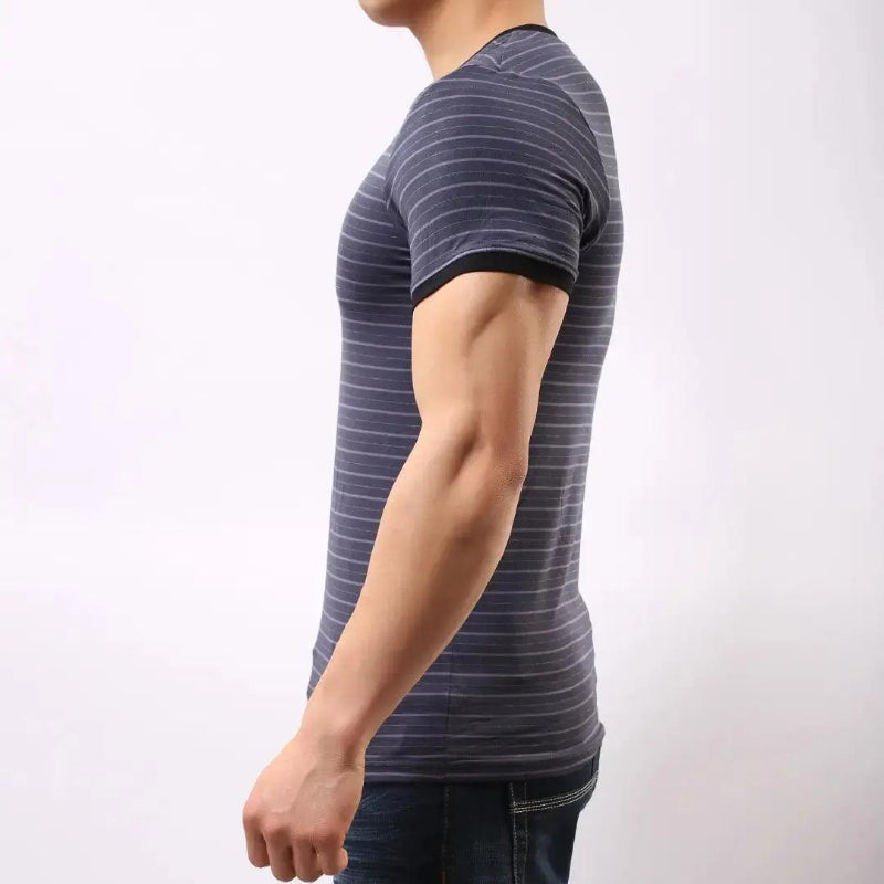 Men's Bamboo Fiber V-Neck UnderShirt – Blue-Gray Stripe Side view