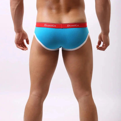 Model wearing DomiGe Blue low-rise modal briefs — red white waistband back angle