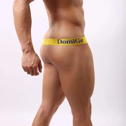 Model wearing DomiGe T-back thong — logo waistband back angle Yellow