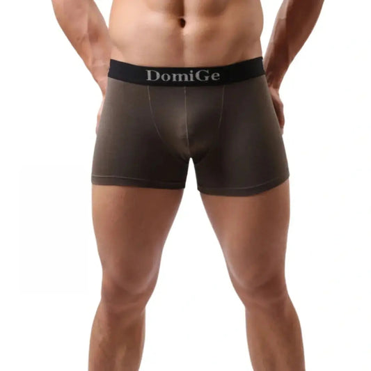 Model wearing DomiGe modal boxer briefs mid-rise — silver waistband front angle Drab