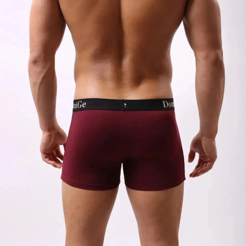 Model wearing DomiGe modal boxer briefs side view — no-ride-up leg openings Red back