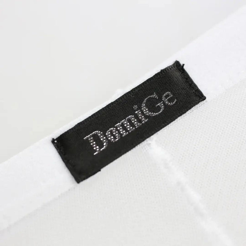 Model wearing DomiGe sheer briefs — logo waistband low-rise back angle White detail