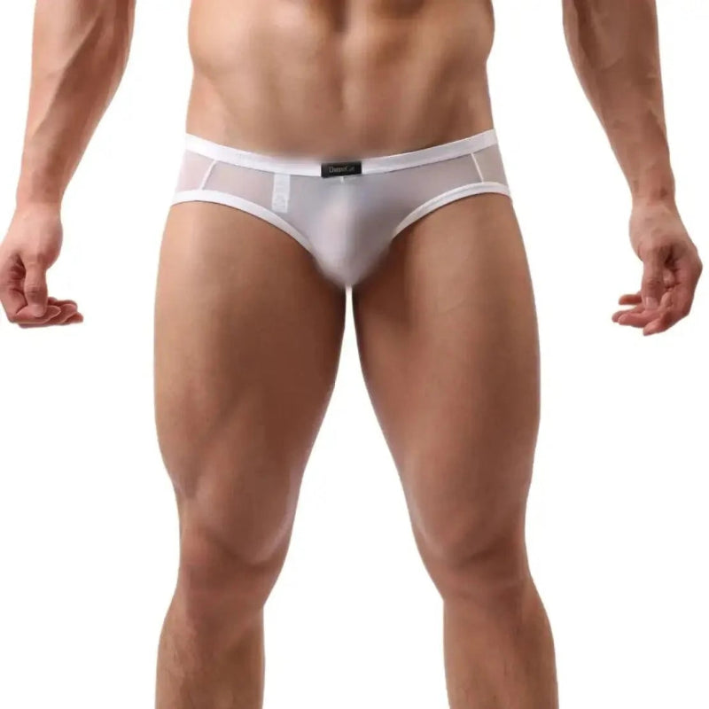 Model wearing DomiGe sheer briefs — logo waistband low-rise front angle White