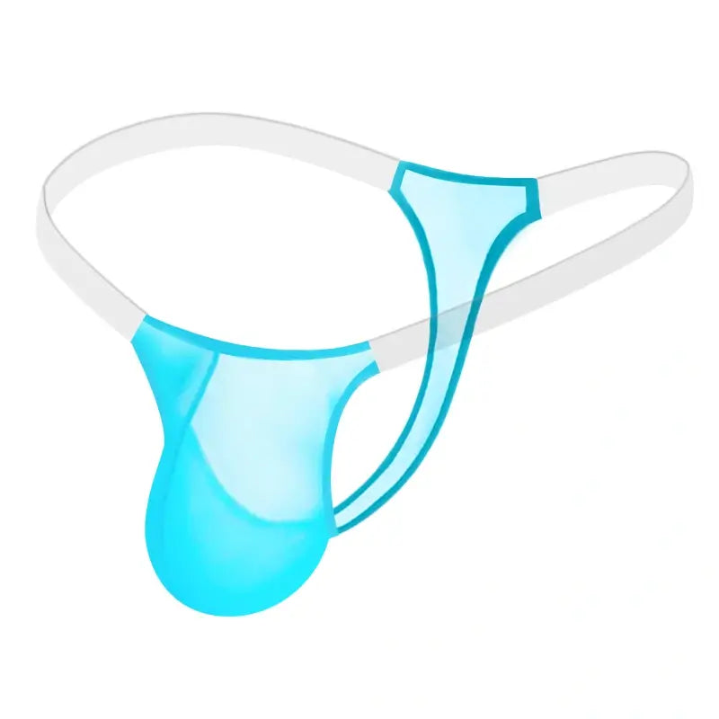 Blue sheer mesh mens thong with transparent waistband, flat lay - Adannu AD319
