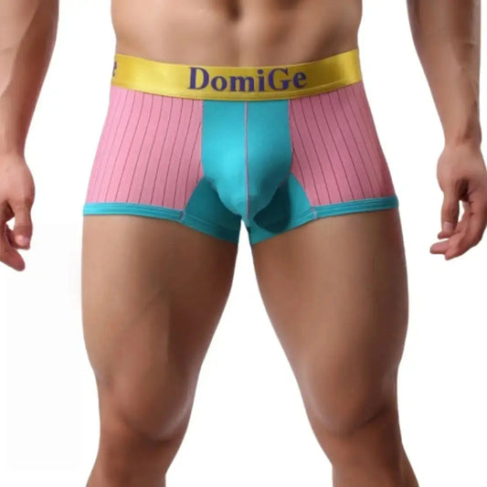 DomiGe ice silk boxer brief pink front view — 88% nylon 12% spandex stay-put legs contour pouch model	