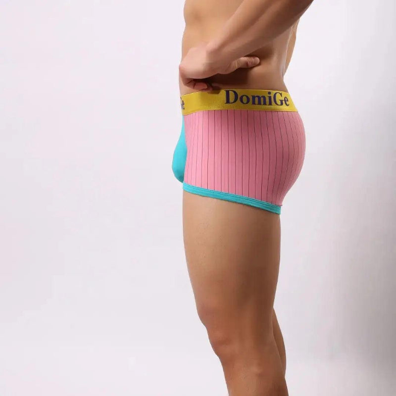DomiGe ice silk boxer brief pink side view — 4-way stretch profile stay-put leg openings model	