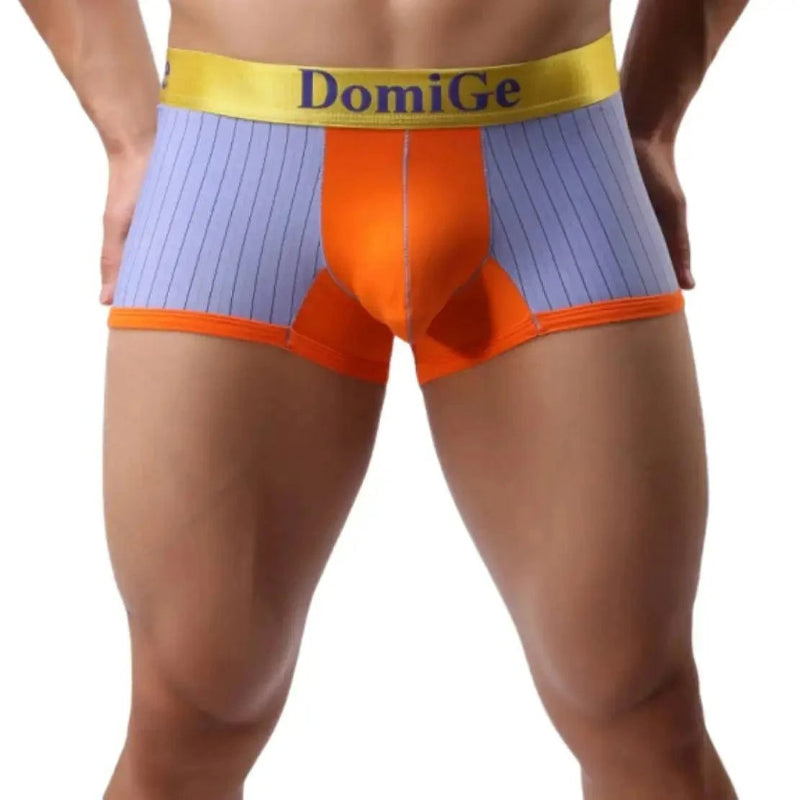 DomiGe ice silk boxer brief purple front view — 88% nylon 12% spandex stay-put legs contour pouch model	