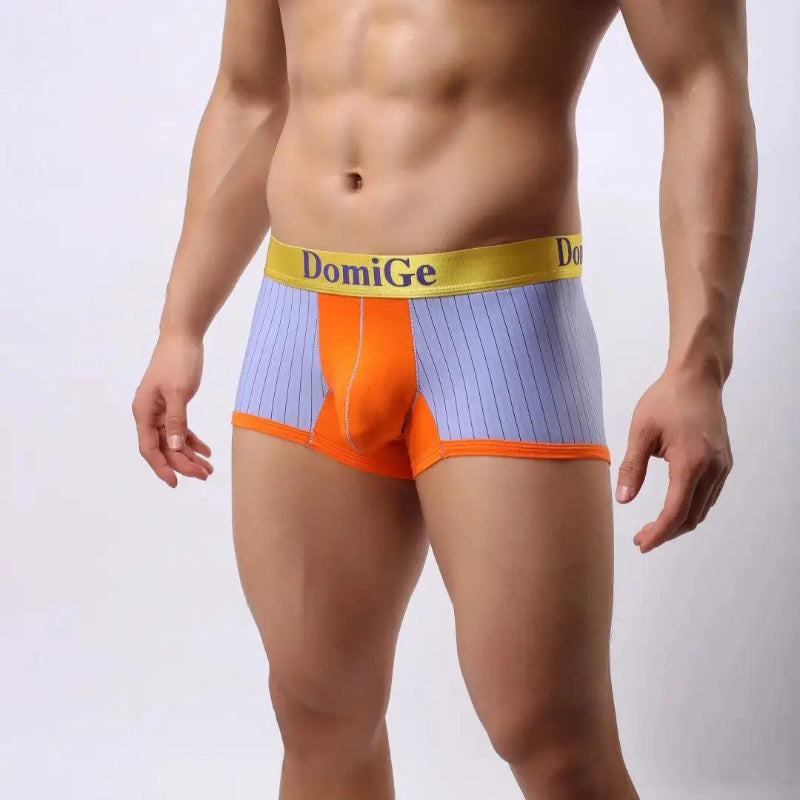 DomiGe ice silk boxer brief purple side view — 4-way stretch profile stay-put leg openings model	