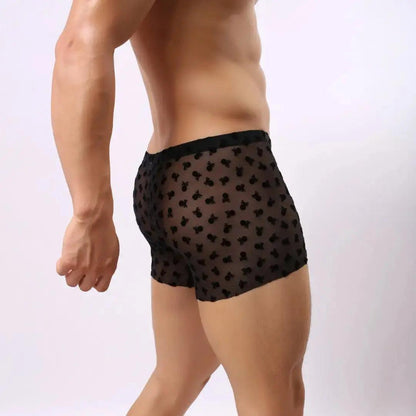 DomiGe nylon flocking boxer briefs black side view — mid-rise profile model	