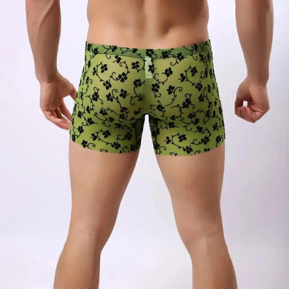 DomiGe nylon flocking boxer briefs green rear view — stay-put leg openings clean finish model	