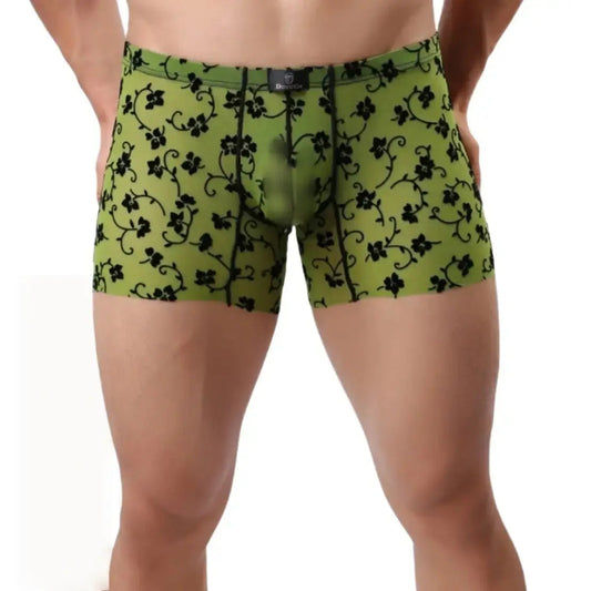 DomiGe nylon flocking boxer briefs green front view — mid-rise flocked waistband stay-put legs model	