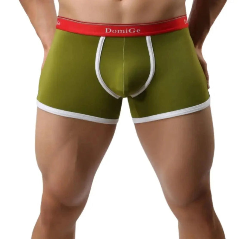 DomiGe U-pouch boxer brief army green front view — logo elastic waistband mid-waist stay-put legs model	