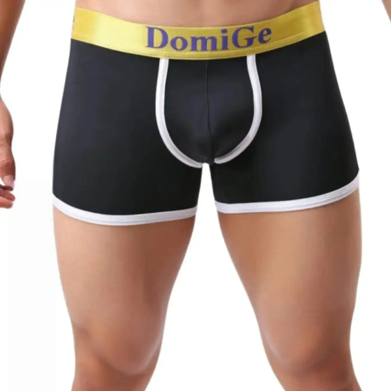 DomiGe U-pouch boxer brief black front view — logo elastic waistband mid-waist stay-put legs model	