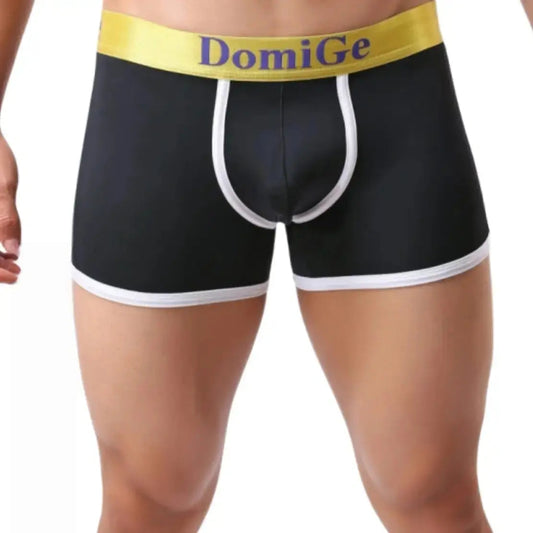 DomiGe U-pouch boxer brief black front view — logo elastic waistband mid-waist stay-put legs model	