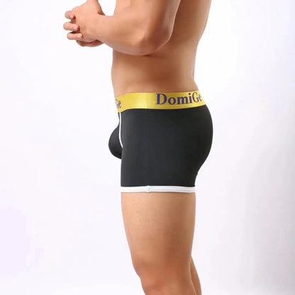 DomiGe U-pouch boxer brief black side view — mid-waist profile stay-put leg openings model	