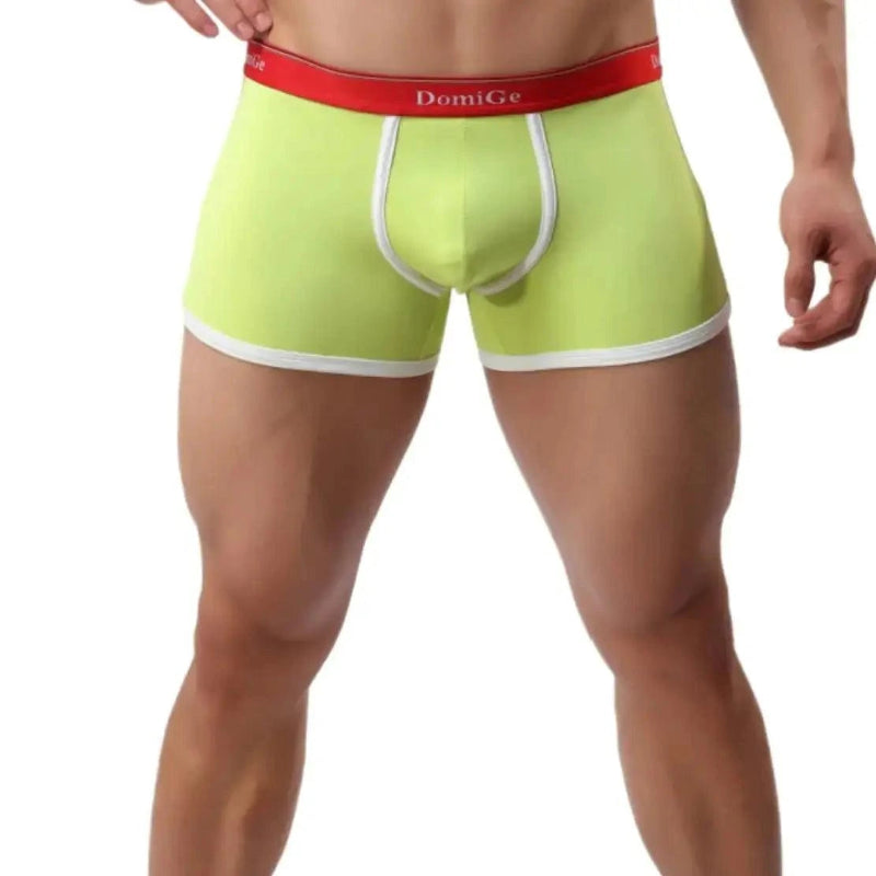 DomiGe U-pouch boxer brief bright green front view — logo elastic waistband mid-waist stay-put legs model	