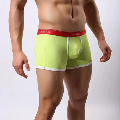 DomiGe U-pouch boxer brief bright green side view — mid-waist profile stay-put leg openings model	
