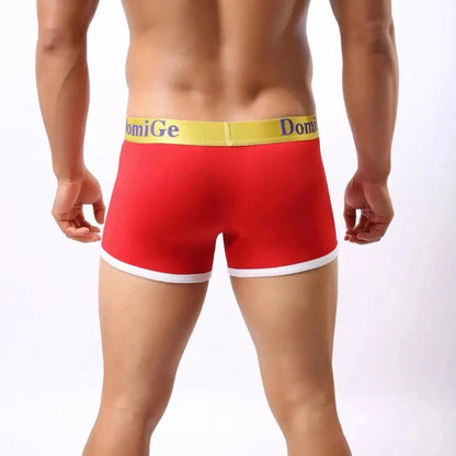 DomiGe U-pouch boxer brief red rear view — stay-put legs clean finish model	