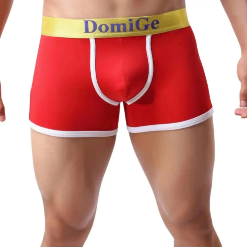 DomiGe U-pouch boxer brief red front view — logo elastic waistband mid-waist stay-put legs model	