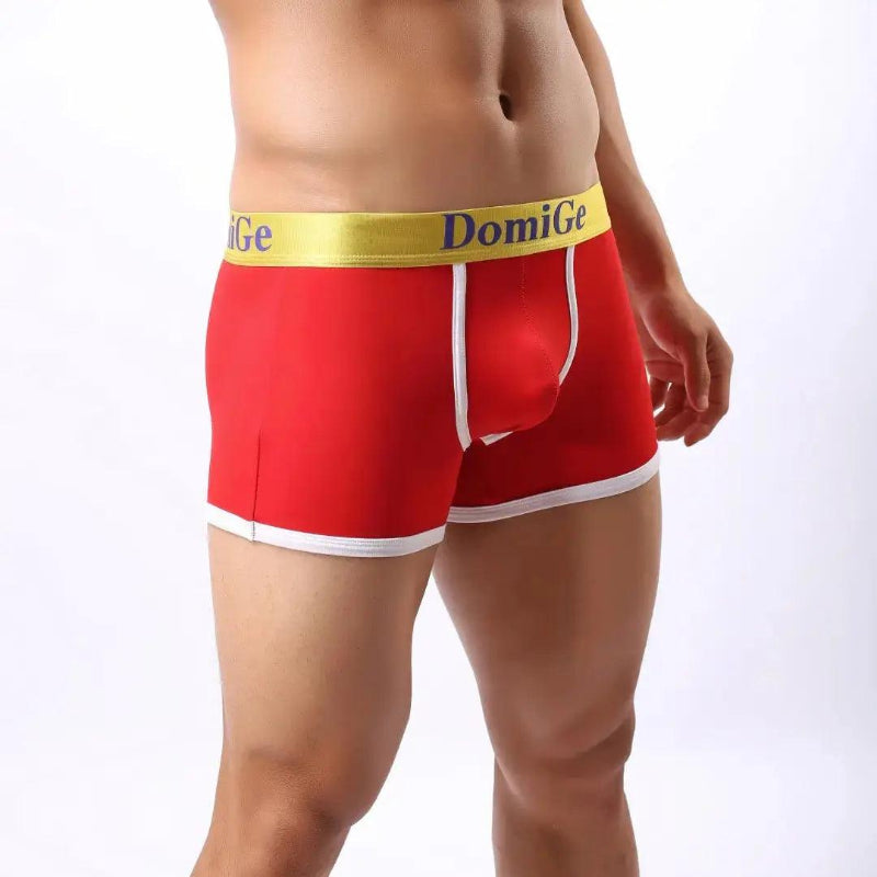 DomiGe U-pouch boxer brief red side view — mid-waist profile stay-put leg openings model	