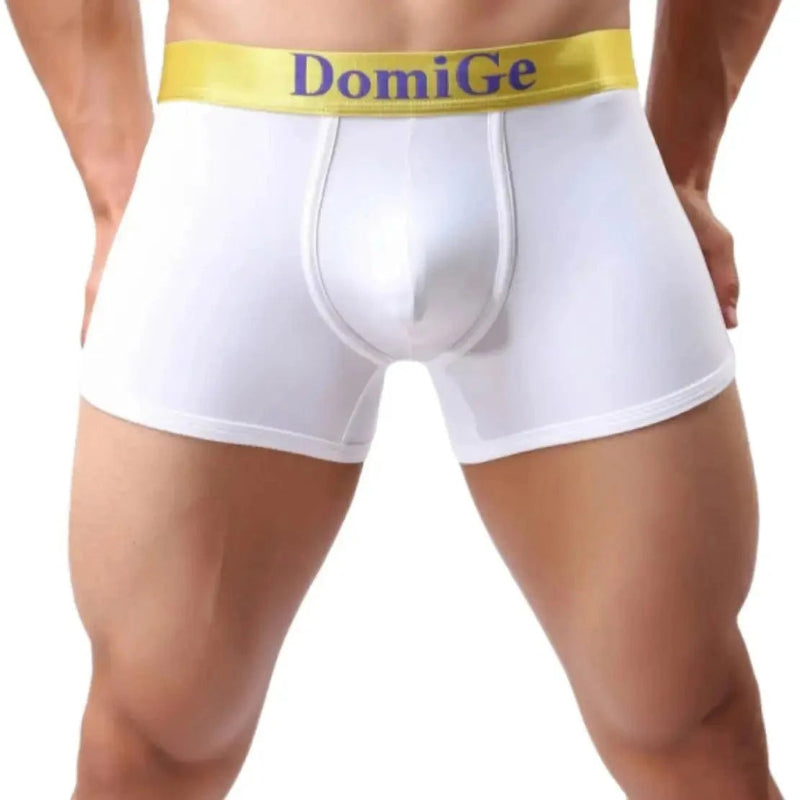 DomiGe U-pouch boxer brief white front view — logo elastic waistband mid-waist stay-put legs model	