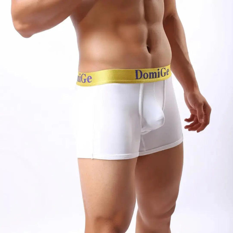 DomiGe U-pouch boxer brief white side view — mid-waist profile stay-put leg openings model	