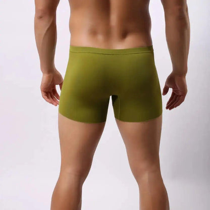 DomiGe laser-cut boxer shorts army green rear view — full coverage single-panel back clean finish model	