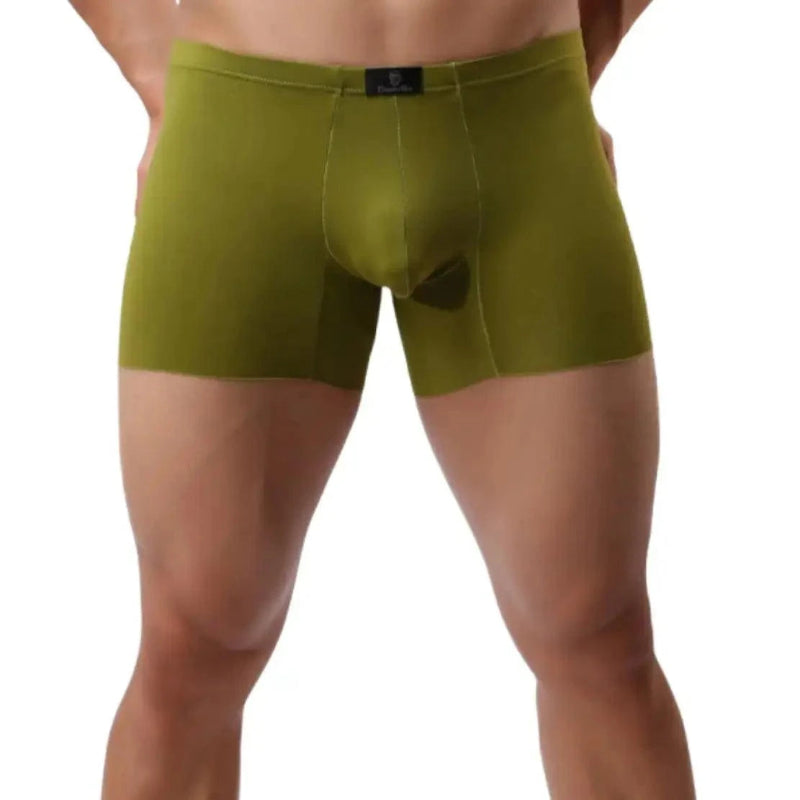 DomiGe laser-cut boxer shorts army green front view — mid-waist elastic waistband seamless leg openings model	