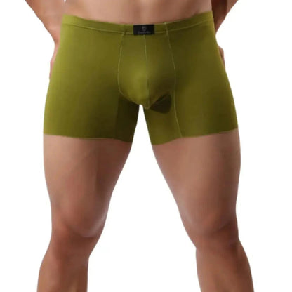 DomiGe laser-cut boxer shorts army green front view — mid-waist elastic waistband seamless leg openings model	