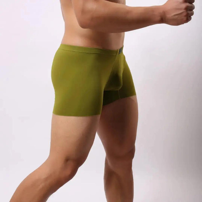 DomiGe laser-cut boxer shorts army green side view — relaxed loose-fit profile seamless legs model	