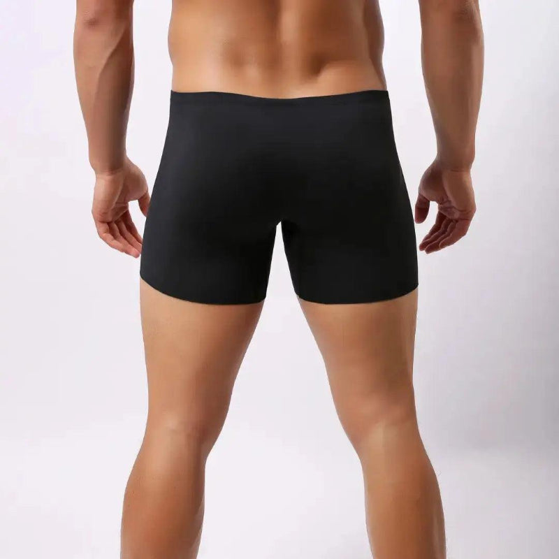 DomiGe laser-cut boxer shorts black rear view — full coverage single-panel back clean finish model	