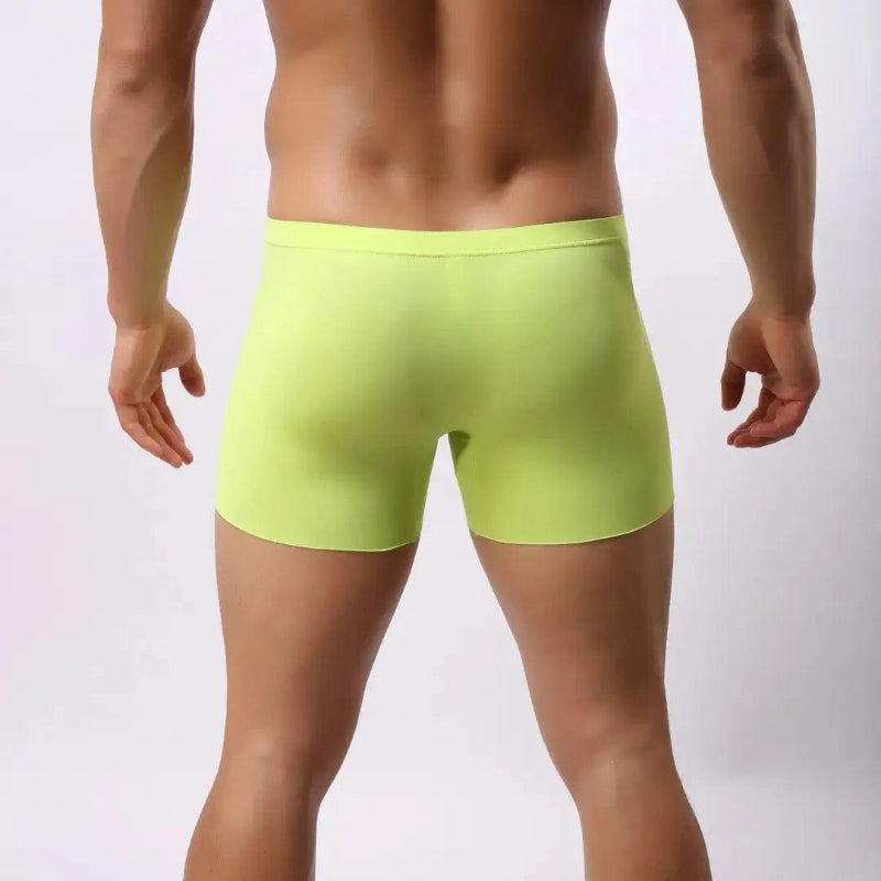 DomiGe laser-cut boxer shorts bright green rear view — full coverage single-panel back clean finish model	