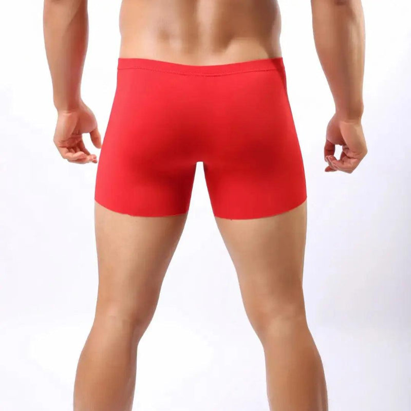 DomiGe laser-cut boxer shorts red rear view — full coverage single-panel back clean finish model	